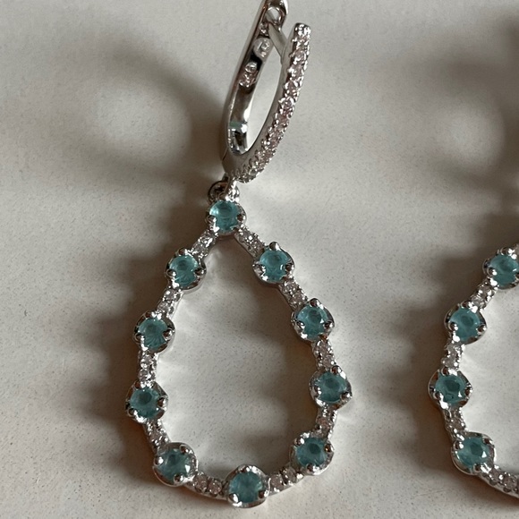 New Blue Topaz & Diamond Drop Earrings 925 - Picture 3 of 6
